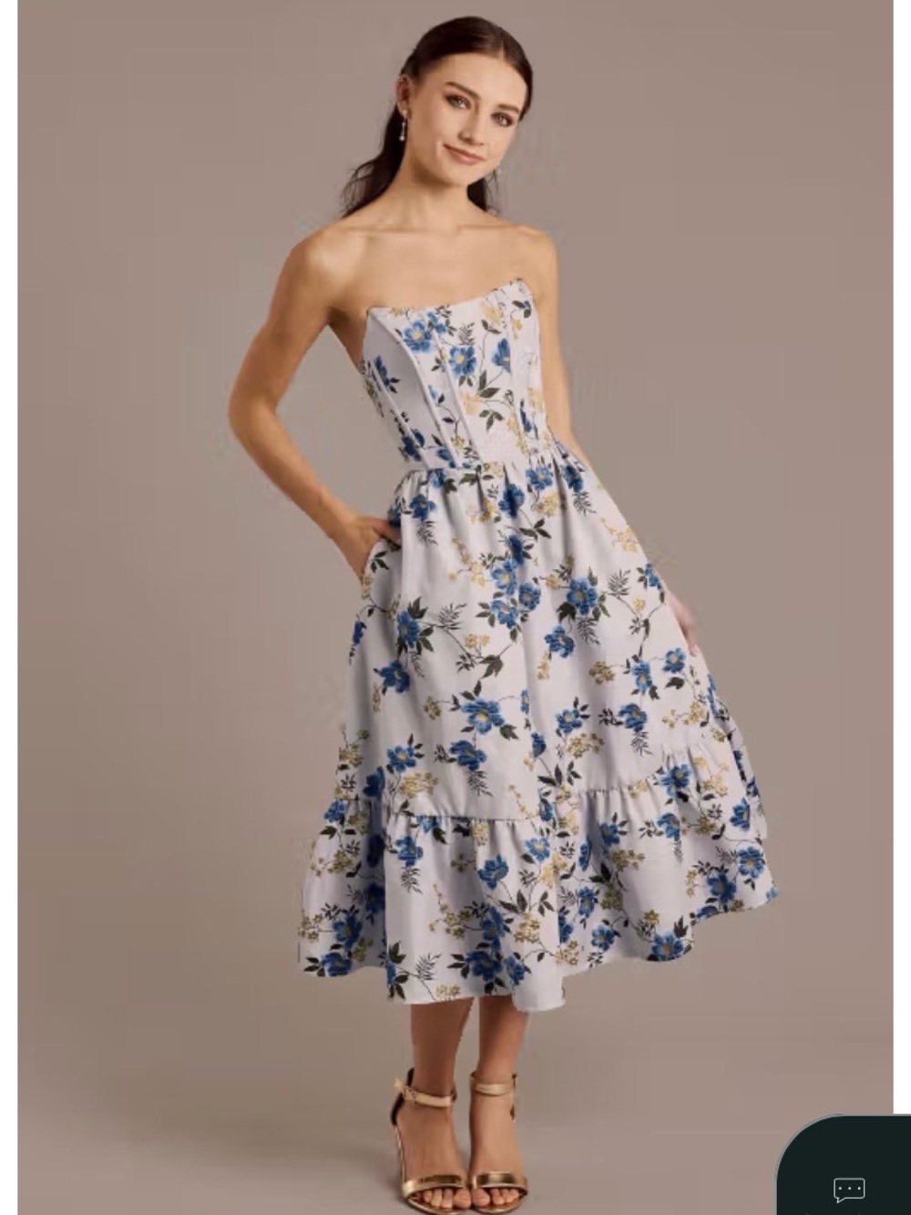 Strapless Jacquard Floral Corset Midi Dress With Pockets!